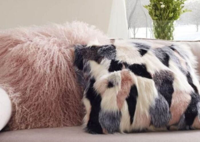 Mongolian Lamb Fur Poly Filled Throw Pillow in Rose