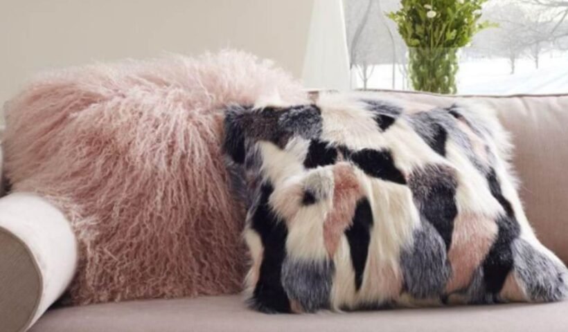 Mongolian Lamb Fur Poly Filled Throw Pillow in Rose