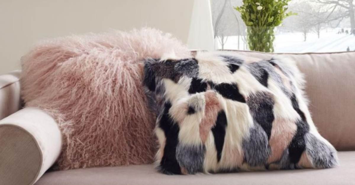 Mongolian Lamb Fur Poly Filled Throw Pillow in Rose